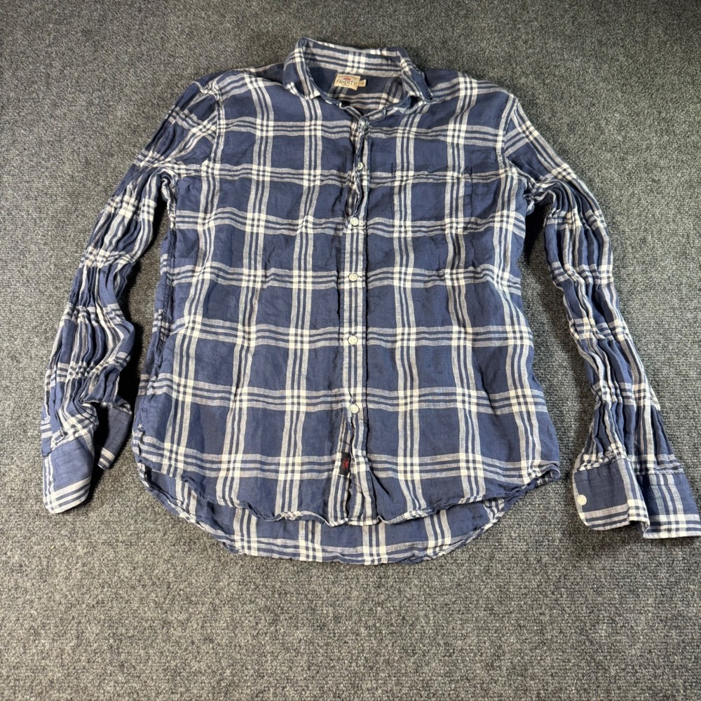 Faherty Brand Mens Large Blue White Plaid 100% Linen Long Sleeve Button Shirt